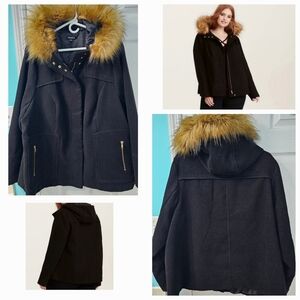 Torrid Black Hooded Wool Coat Fur 3x
